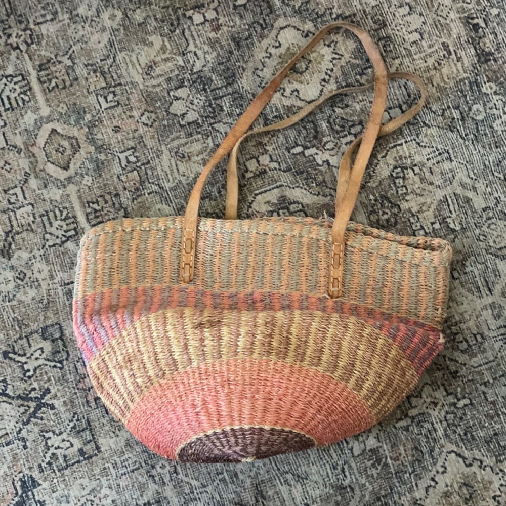 Vintage straw beach bag leather straps purse